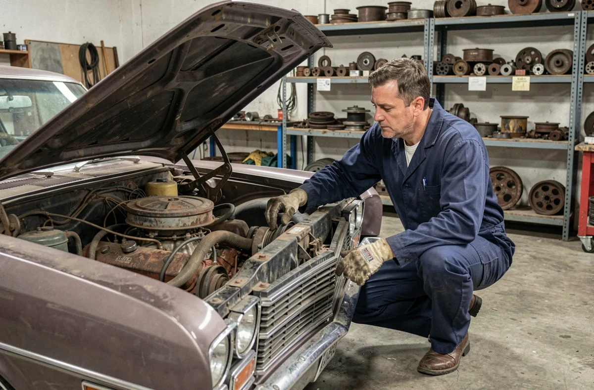Mécanicien inspectant le moteur V8 d'une Chevrolet Impala 1967 automatique dans un garage spécialisé, vérification mécanique avant achat d'un véhicule classique
