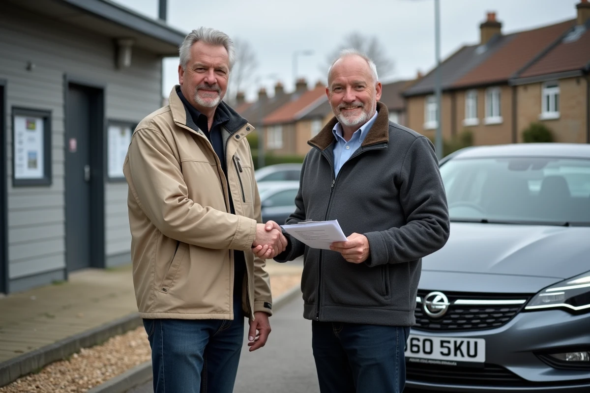 Deux hommes concluant l'achat d'une Vauxhall Astra d'occasion dans un lot de voitures indépendant