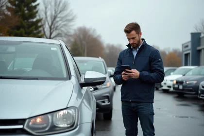 Homme examinant une voiture d'occasion dans un lot de concessionnaire en 2026 avec une application mobile de comparaison de véhicules