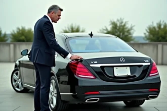Acheteur examinant attentivement une Mercedes V12 noire dans un parking, repérant d'éventuels défauts avant achat