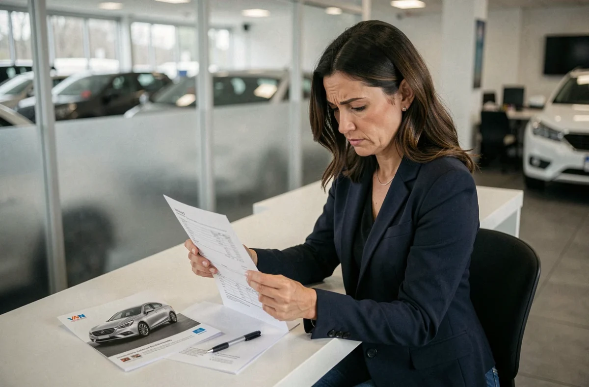 Acheteuse lisant attentivement un contrat de vente automobile dans une concession française en 2026