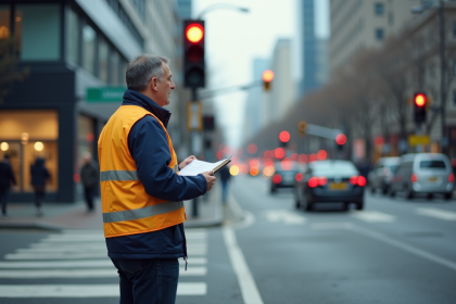 Agent de trafic urbain observant le feu rouge en ville