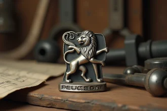 Ancien badge lion Peugeot en métal patiné posé sur un établi en bois entouré d'outils vintage