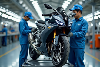 Moto Yamaha en cours d'assemblage dans une usine japonaise