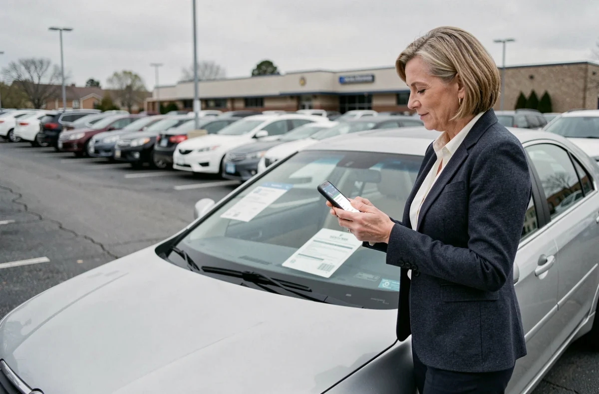 Femme tenant un smartphone avec une application d'assurance auto à côté d'une voiture dans un parking