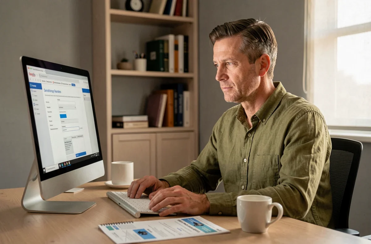 Homme complétant un formulaire d'assurance moto en ligne depuis son bureau à domicile