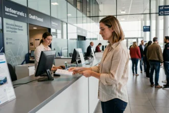 Femme remettant des documents d'assurance au comptoir de location de voiture à l'étranger dans un aéroport international