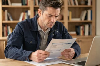 Homme consultant une carte grise et un contrat d'assurance automobile sur un bureau en bois à domicile