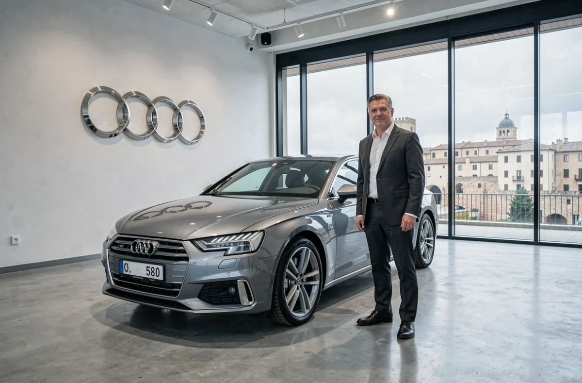 Commercial de M.G.C. Motors Avignon dans le showroom Audi avec une voiture d'occasion de luxe