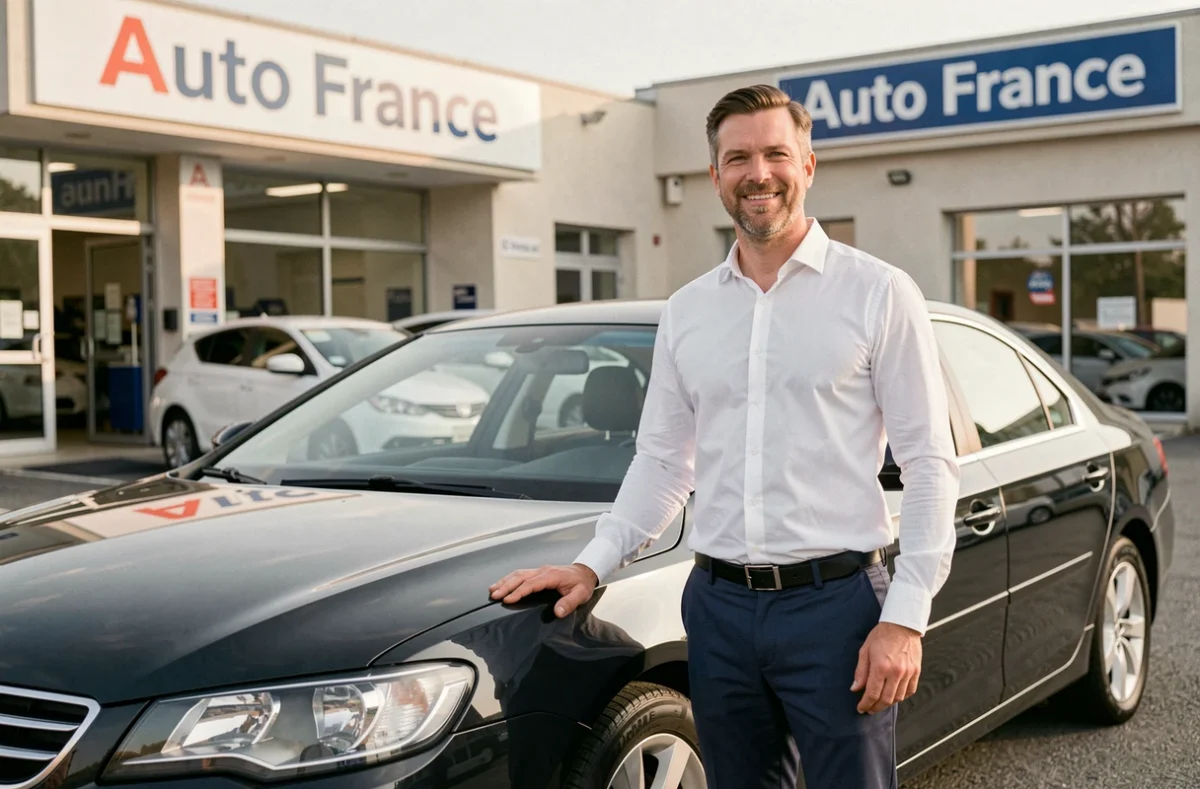 Vendeur chez Auto France se tenant devant une voiture d'occasion soigneusement entretenue