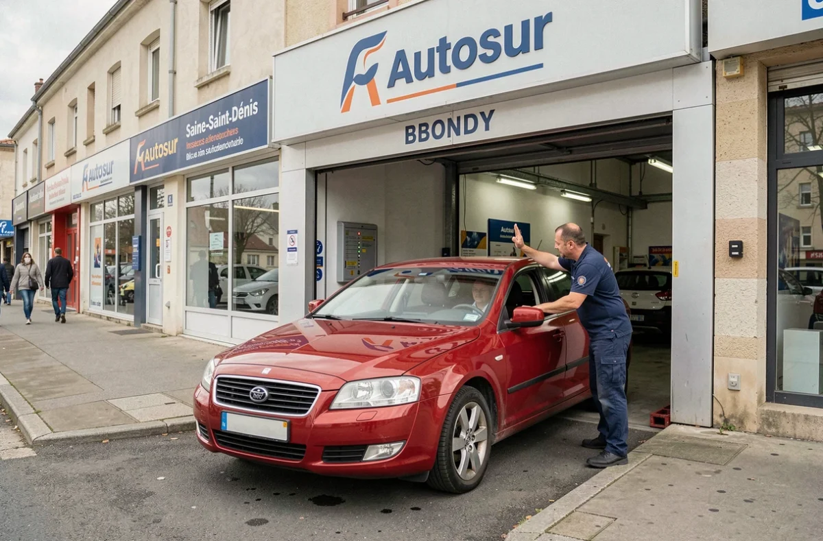 Technicien Autosur guidant un véhicule à l'entrée du centre de contrôle technique de Bondy