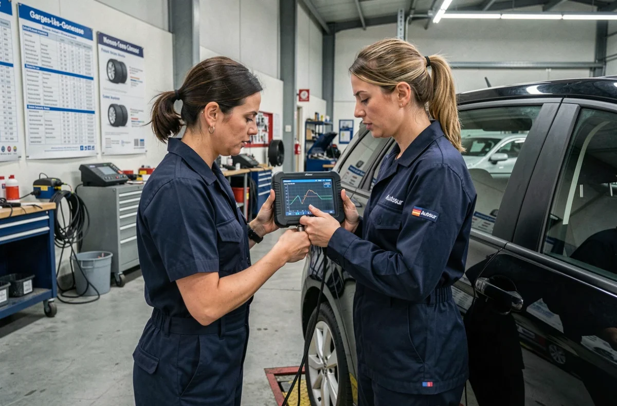 Technicienne Autosur effectuant un contrôle d'alignement sur un véhicule à Garges-lès-Gonesse