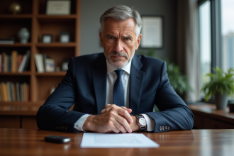 Avocat sérieux dans son bureau avec dossier et clé de voiture