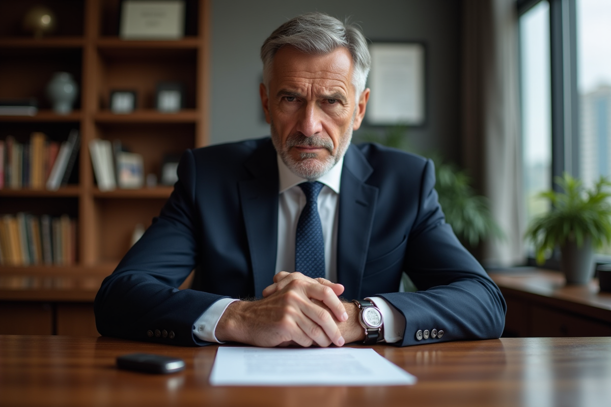 Avocat sérieux dans son bureau avec dossier et clé de voiture