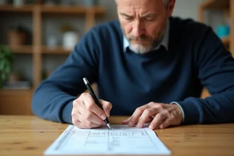 Homme barrant une carte grise à la main avec un stylo bille noir sur une table en bois lors d'une cession de véhicule