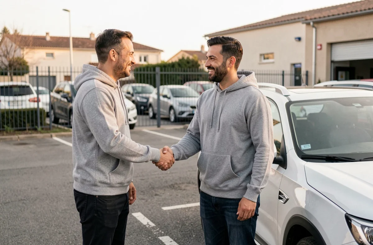 Bilal Chafei serrant la main d'un client satisfait à côté d'un SUV d'occasion dans un lot en plein air