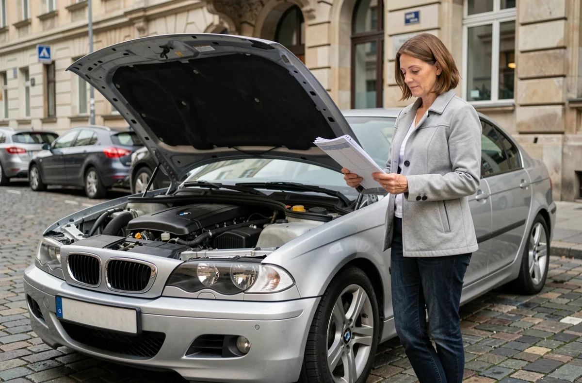 Femme consultant le carnet d'entretien d'une BMW 320d E46 avec moteur M47 visible