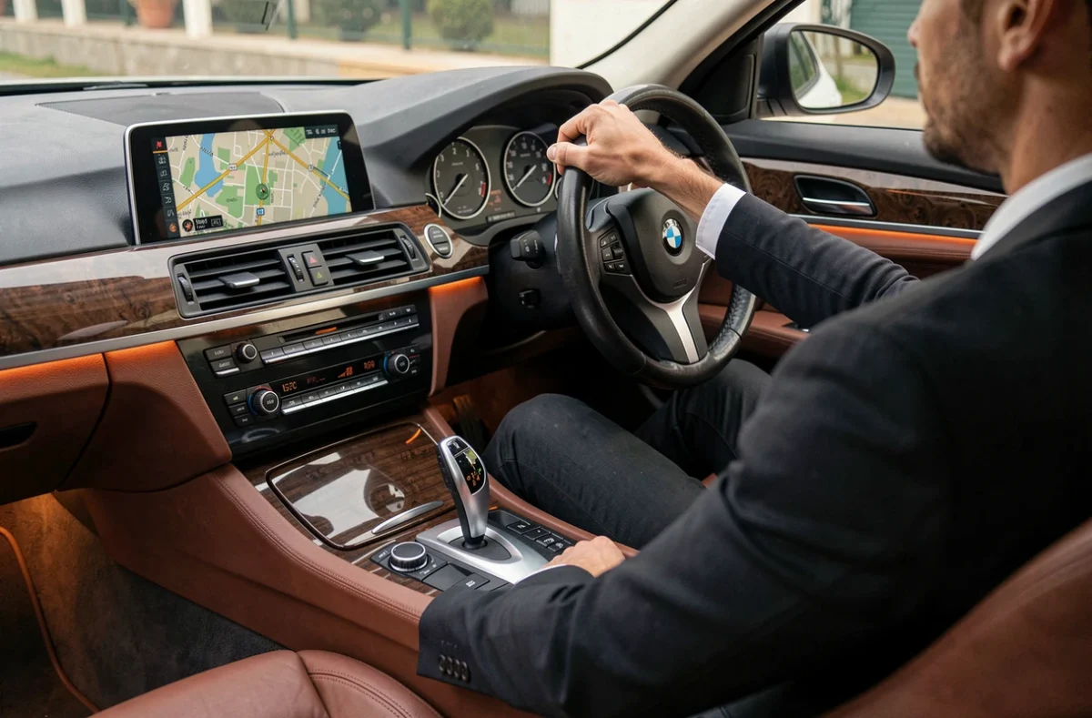 Intérieur BMW Série 5 F10 avec sièges en cuir cognac, écran iDrive et console centrale navigation