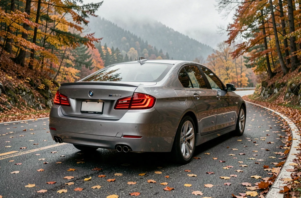 BMW Série 5 F10 grise de dos sur route de montagne en automne avec feux LED et double sortie d'échappement