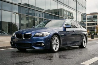 BMW Série 5 F10 bleu nuit garée en milieu urbain avec kit carrosserie M Sport et jantes alliage