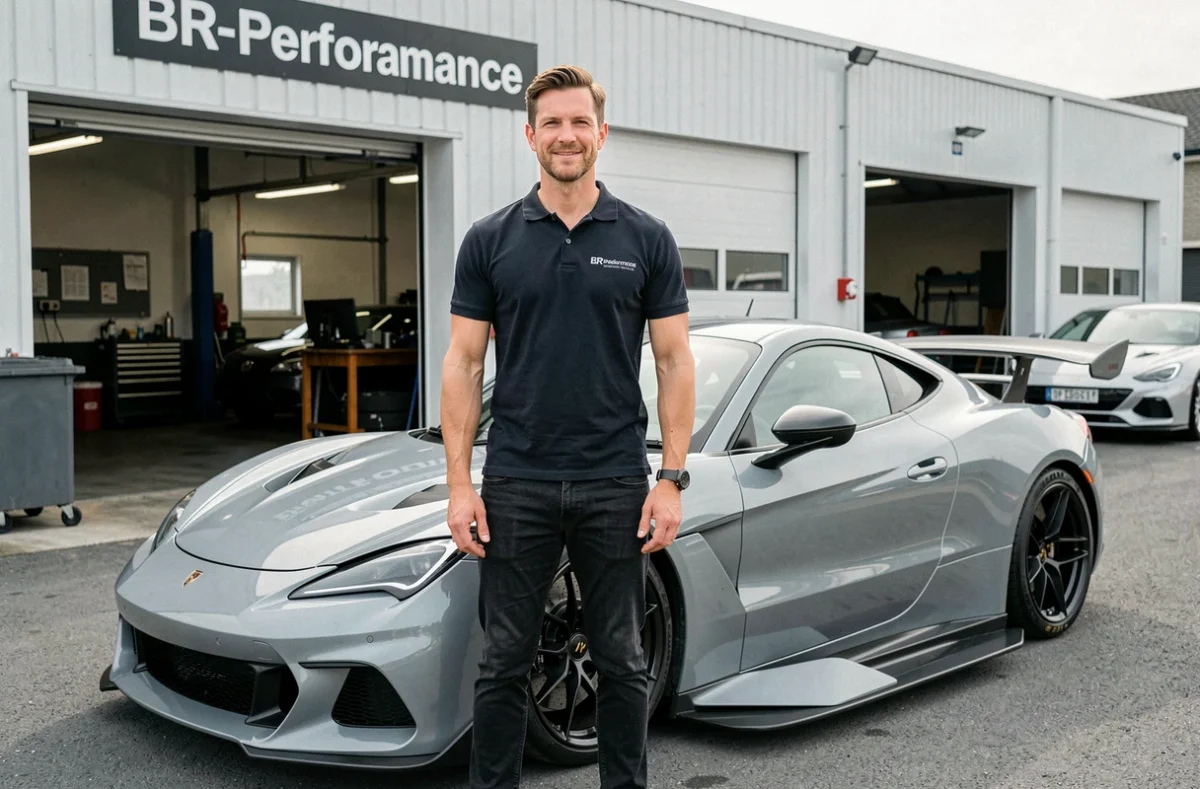 Spécialiste de BR-Performance debout devant un coupé sportif d'occasion dans un atelier automobile
