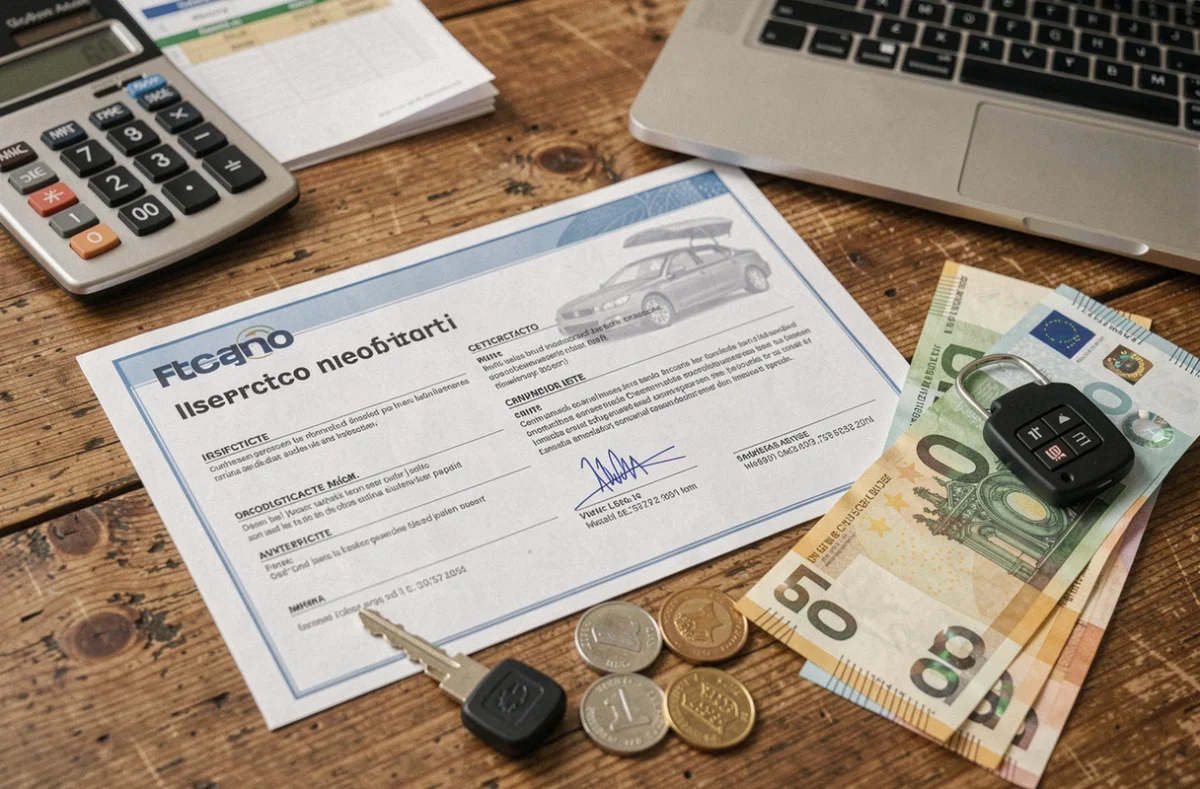 Certificat de contrôle technique, clé de voiture et billets en euros sur un bureau, symbolisant l'impact budgétaire de la nouvelle réglementation