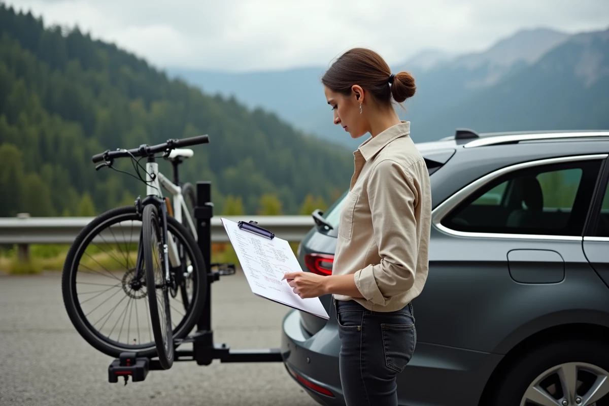 Femme consultant une fiche de calcul de charge maximale devant un porte-vélo 4 vélos sur attelage de voiture break en montagne