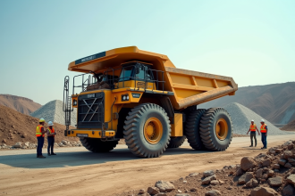 Camion benne jaune sur un chantier avec ouvriers et gravier