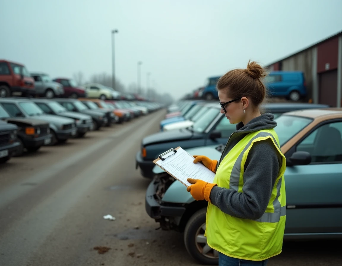 Vue panoramique d'une casse automobile professionnelle en Nord Pas de Calais avec employée consultant un inventaire
