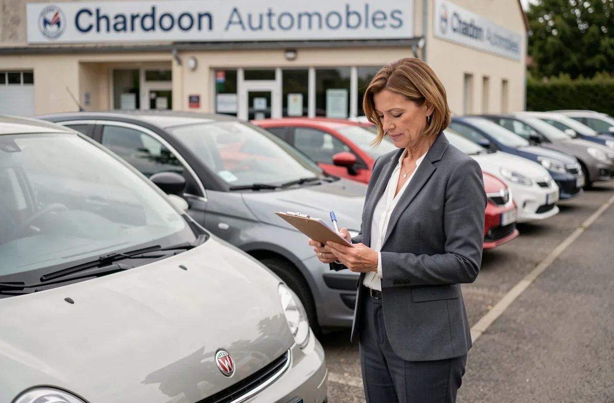 Professionnelle de l'automobile chez Chardon Automobiles vérifiant des documents à côté d'un véhicule d'occasion