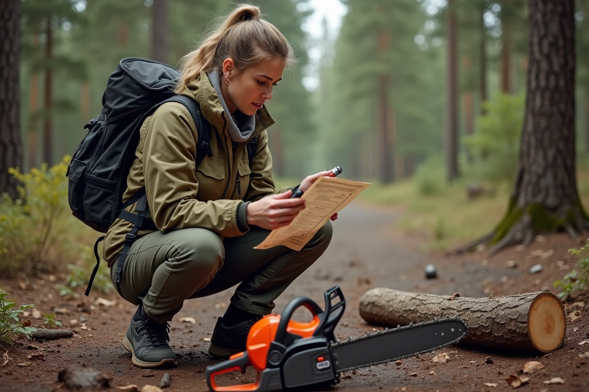 Femme consultant une check-list de mélange carburant avant d'utiliser une tronçonneuse en forêt