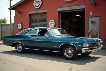 Chevrolet Impala 4 portes 1967 en bleu nuit garée devant un garage vintage américain, vue de profil
