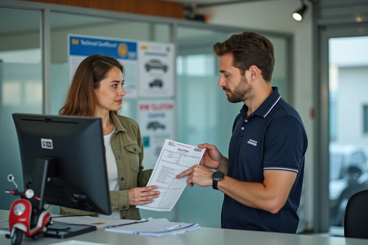 Cliente consultant le prix de son contrôle technique scooter avec un conseiller au guichet