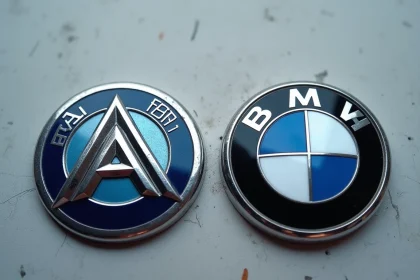 Comparaison côte à côte d'un vrai logo Alpine et d'une contrefaçon sur surface en béton
