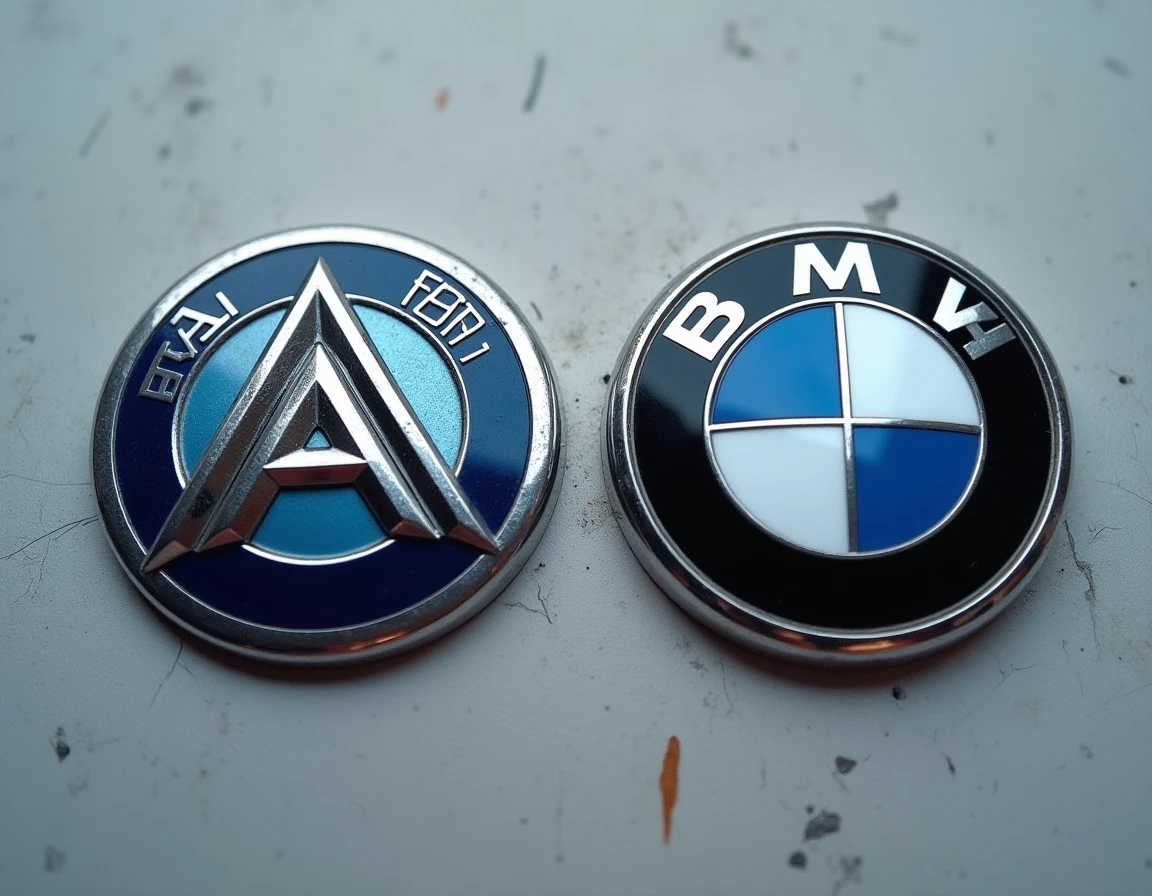 Comparaison côte à côte d'un vrai logo Alpine et d'une contrefaçon sur surface en béton