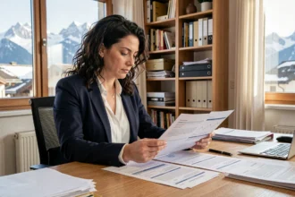 Femme comparant des offres d'assurance auto à son bureau à Grenoble avec vue sur les Alpes