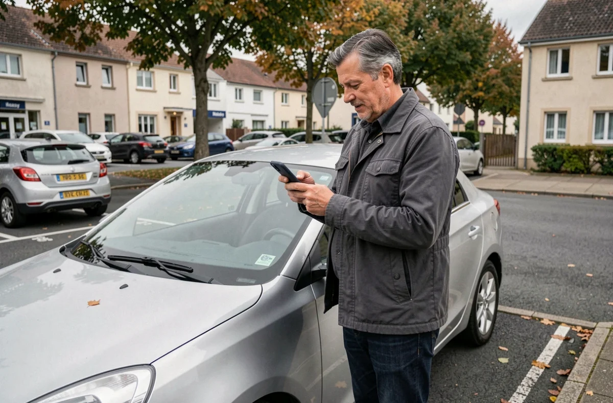 Homme comparant des offres d'assurance auto sur smartphone près de sa voiture à Massy