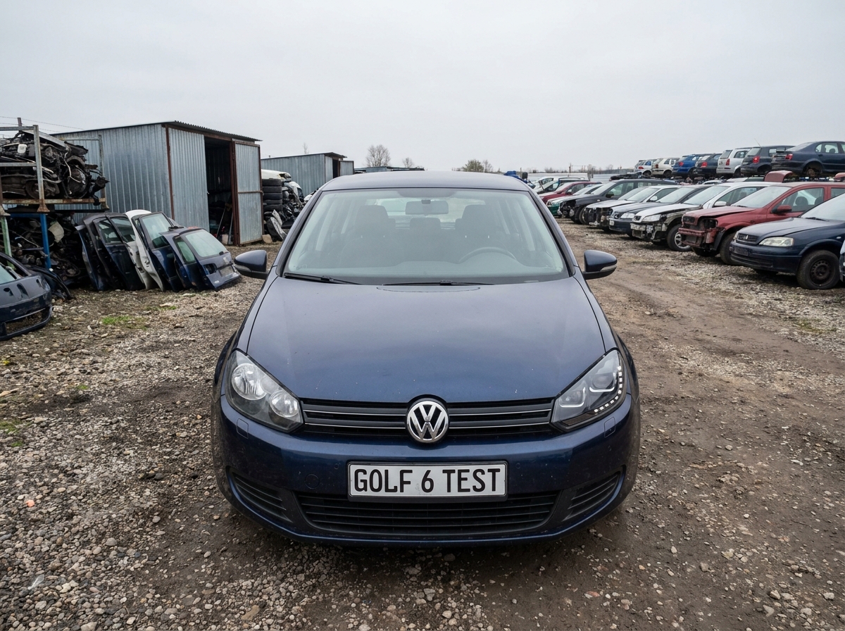 Comparaison entre un phare avant d'origine et un phare de remplacement aftermarket sur une Volkswagen Golf 6 dans une casse automobile