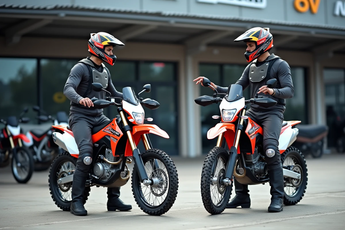 Deux motards débutants comparant deux modèles de trail moto dans une concession spécialisée