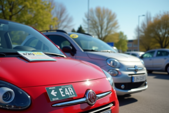 Parking de concessionnaire avec voiture rouge et brochure écologique