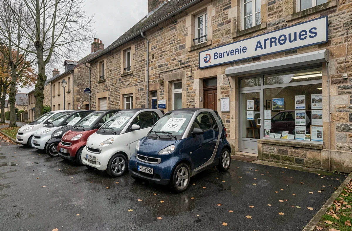 Devanture d'un concessionnaire de voitures sans permis d'occasion dans une ville des Ardennes en automne