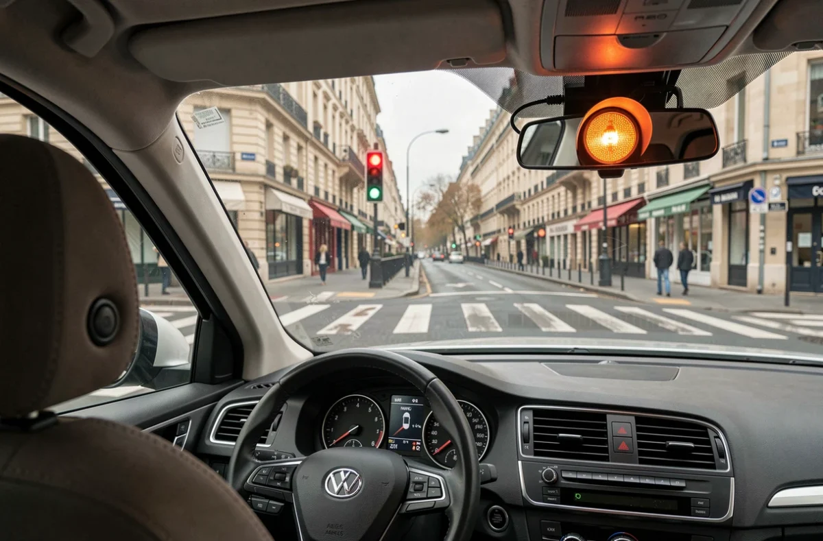 Point de vue conducteur face à un feu orange et un radar feu rouge depuis l'intérieur d'une voiture