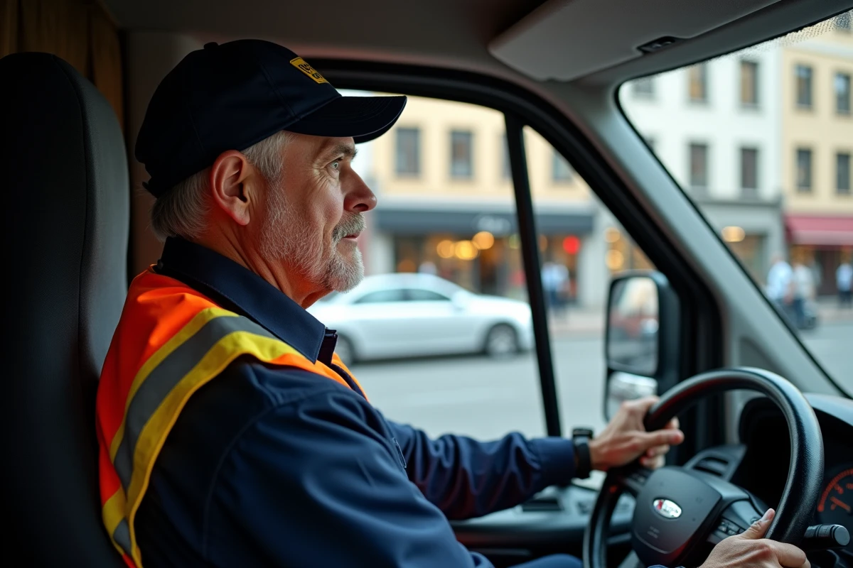 Conducteur de livraison urbaine vérifiant ses miroirs