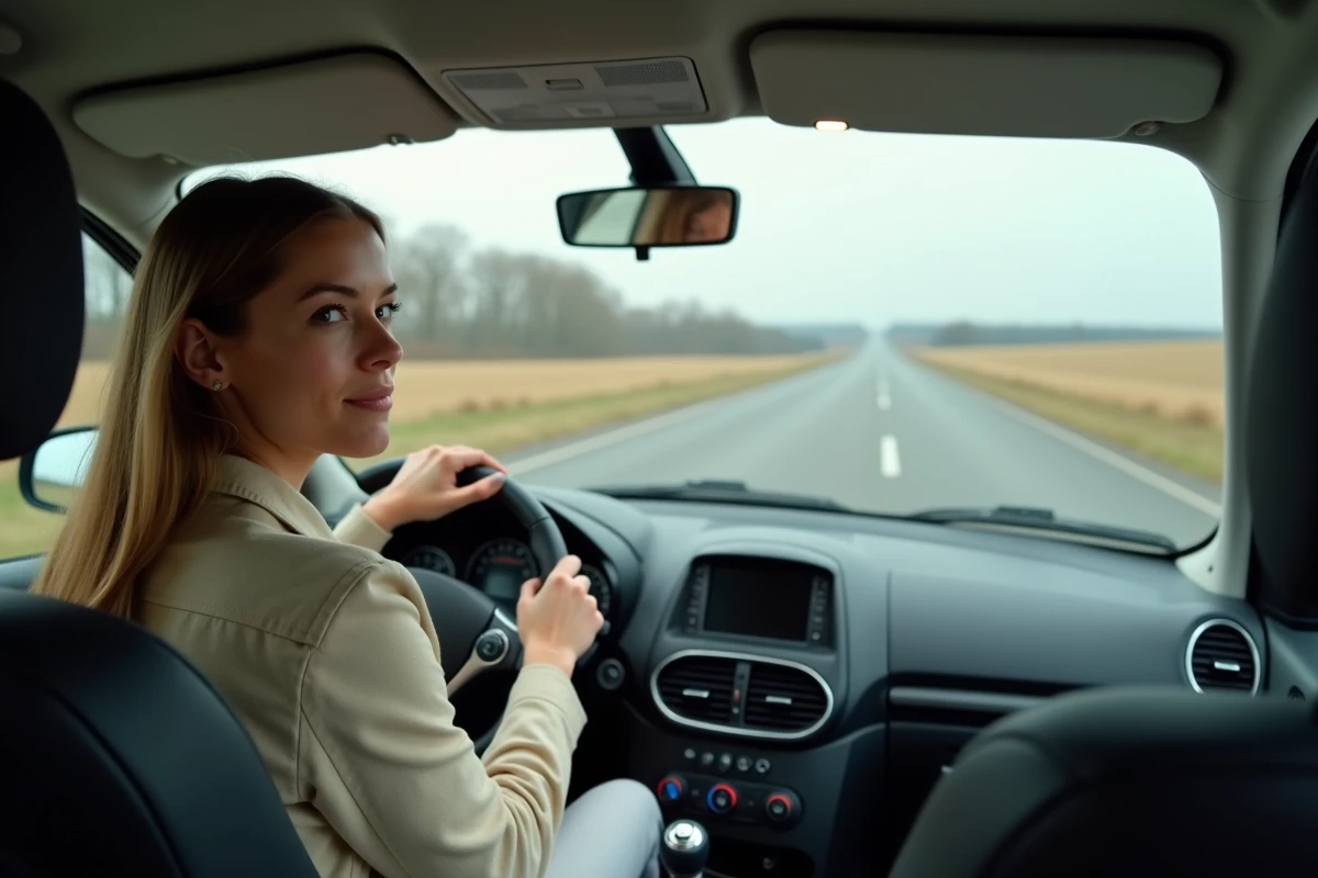 Conductrice sereine au volant d'une voiture compacte sur autoroute, illustrant la fiabilité moteur sur long trajet
