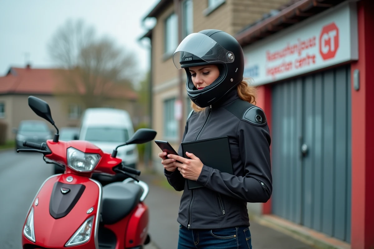 Conductrice de scooter attendant devant un centre de contrôle technique deux-roues en France avec ses documents