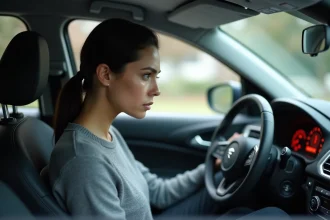 Conductrice regardant le voyant point d'exclamation allumé sur le tableau de bord de sa voiture