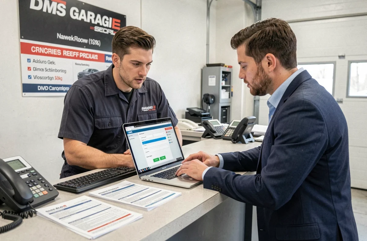 Deux professionnels de l'automobile configurant la connexion entre Autossimo et un DMS garage sur un ordinateur portable