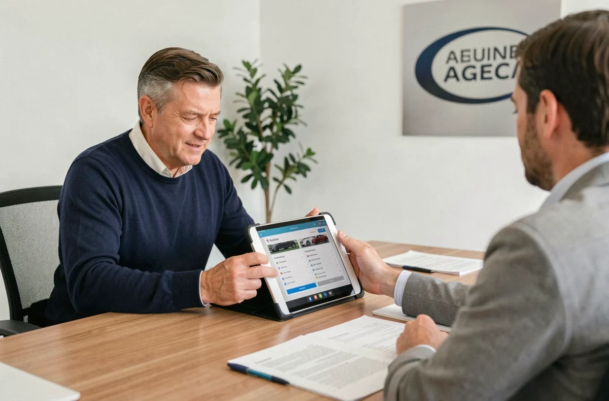 Client discutant de son assurance auto avec un conseiller dans une agence locale