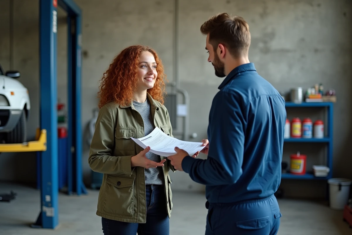 Femme consultant un mécanicien dans un garage pour vérifier la fiabilité d'une voiture essence d'occasion