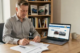 Homme consultant un site allemand de vente de voitures sur ordinateur portable avec des documents imprimés sur un bureau en bois